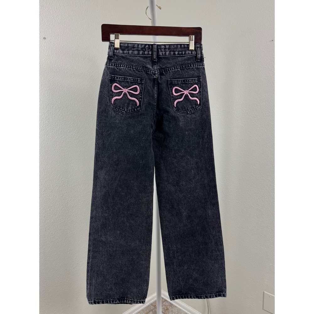 Disclosure Black Acid Wash Wide Leg Jeans Pink Bow Back Pocket Women Size 0/24